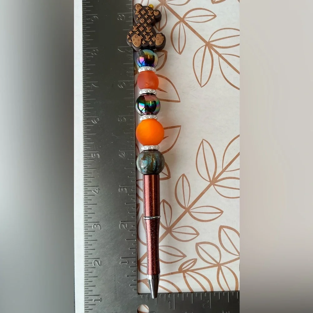 Teddy Bear Beaded Pen - Brown Orange Tones - Handmade